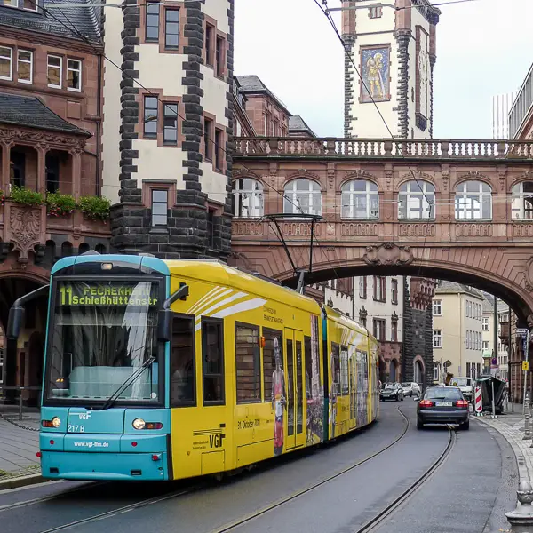 A tram travels through the city center of Frankfurt am Main.
