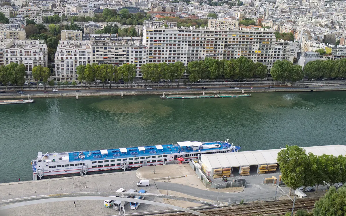 A river vessel spends a day in the Port de Javel Bas during a seven-night cruise from Paris to Normandy and back.