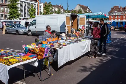 Clothing vendors at Place des Halles, Beauvais