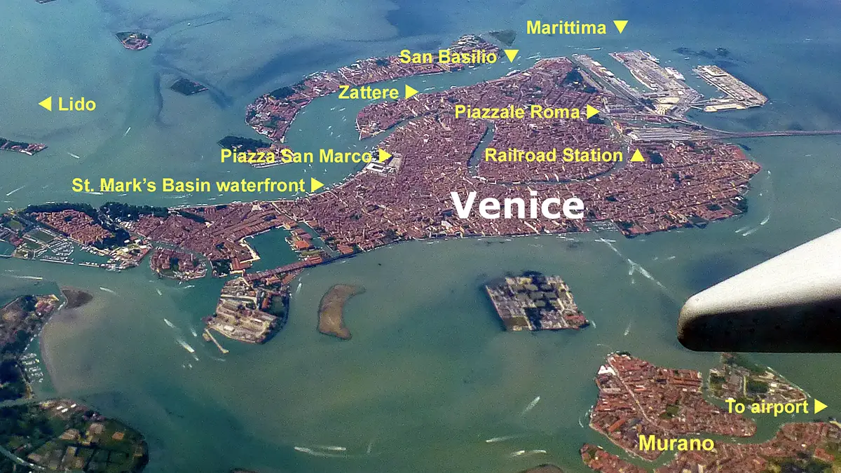 This aerial view of Venice, Italy has captions to help you get your bearings.