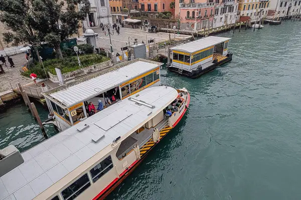 ACTV vaporetto at the Accademia waterbus station in Venice, Italy.