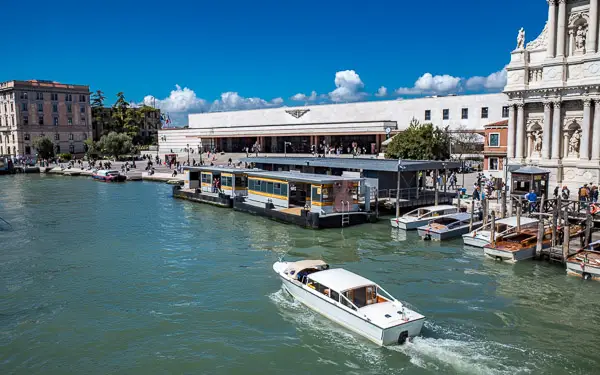 Venice water taxi approaches the Venezia Santa Lucia train station.