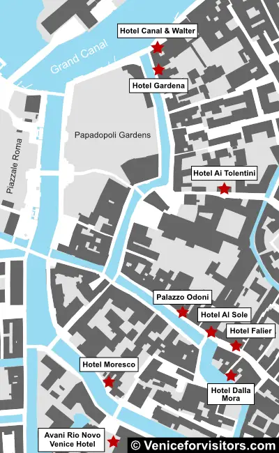 Map of Venice hotels near the Piazzale Roma.